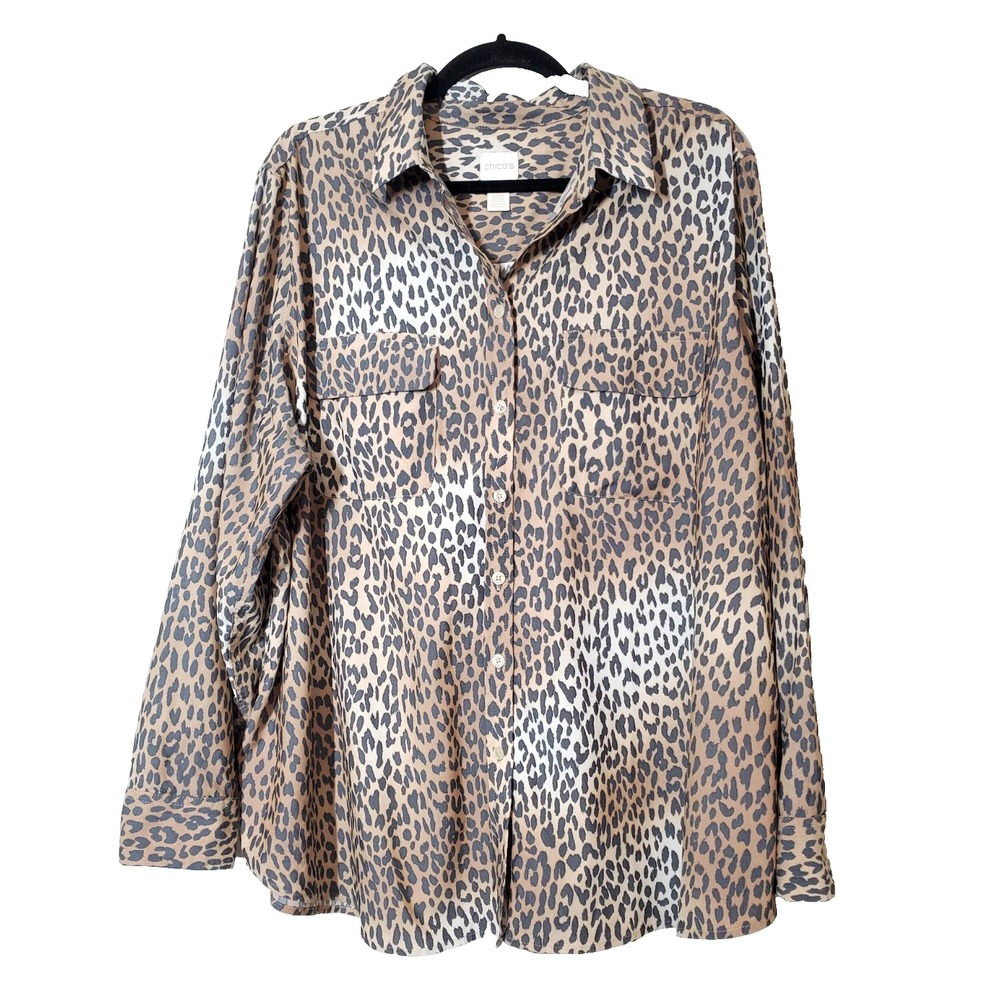 Chico's 4 Womens Top Plus Size‎ 20 Animal Print Button Down Long Sleeve Modal